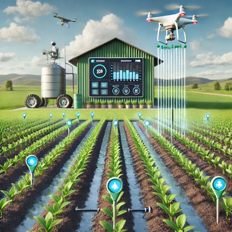 DALL·E 2025-02-18 09.03.42 - A realistic smart irrigation system in a cultivated field. The system includes soil moisture sensors placed in the ground, automated sprinklers wateri