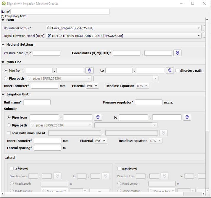 Herramienta GD Pestaña de entrada de datos para riego por goteo